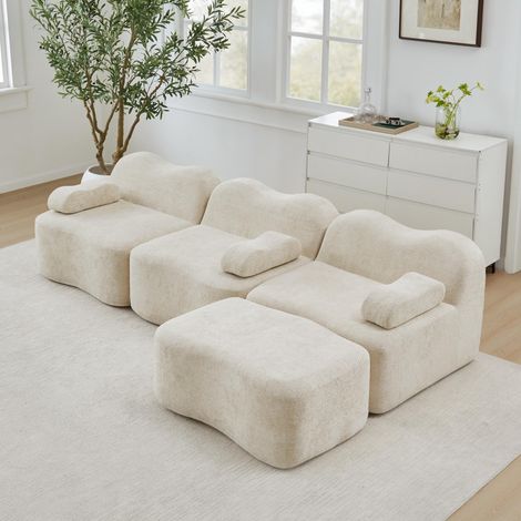 Canapé d'angle modulable 3 places sans structure, avec 1 pouf, mousse haute densité 32D, forme ondulée, assise profonde, coussins d'accoudoirs amovibles, pour salon, beige (1/5)