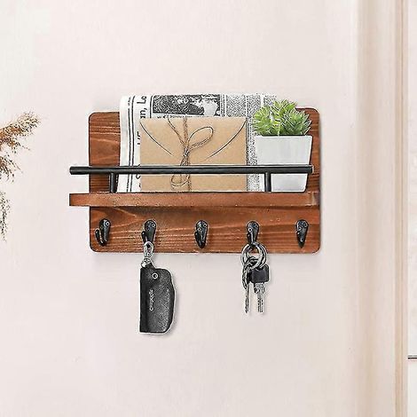 Porte-clés mural en bois avec 5 crochets, organiseur de courrier et clés, patère décorative pour entrée, rangement pratique pour maison. (1/5)