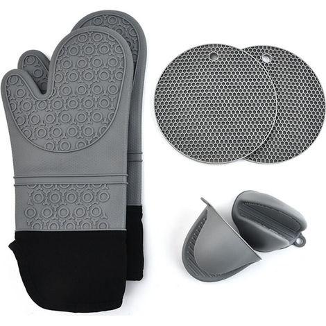 Lot de 6 maniques de four en silicone - Résistants à la chaleur - Antidérapants - Avec mini maniques et dessous de plat - Gants de cuisine pour pâtisserie, grillades (noir gris) (1/4)