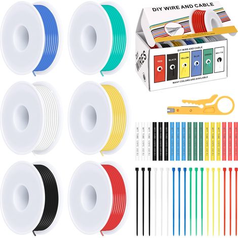 Lot de 6 câbles 22 AWG de 0,3 mm², longueur : 6 rouleaux de 10 m, le kit de câbles comprend des serre-câbles, des gaines thermorétractables et une mini pince à dénuder, convient aux appareils (1/5)