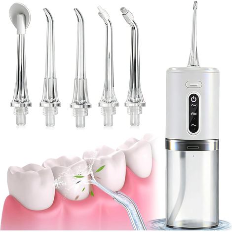 Jet Dentaire Hydropulseur, Irrigateur Oral Sans Fil avec 8 Buses, Réservoir 280 ML, Étanche IPX7, Technologie d’Eau Pulsée et Grande Autonomie pour Maison et Voyage (1/5)