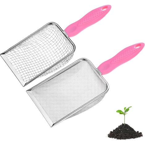 Tamis à terre jardin METERXITY lot de 2, maille 5/28 mm acier inoxydable, poignée antidérapante, pour sable terre cailloux compost, blanc/rose (1/5)