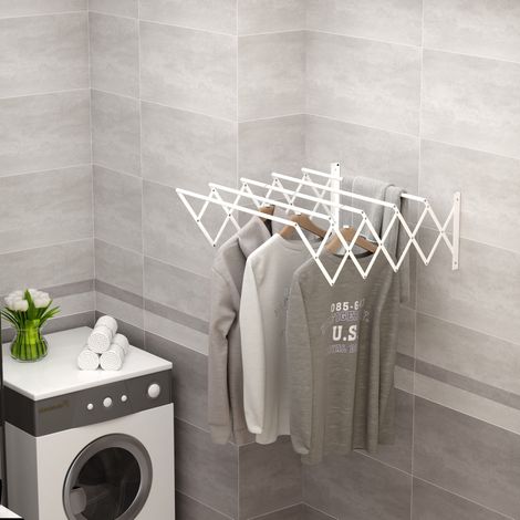 Stendibiancheria murale estensibile 63,5 x 60 x 20 cm, pieghevole, metallo bianco OKMYHOME (1/5)
