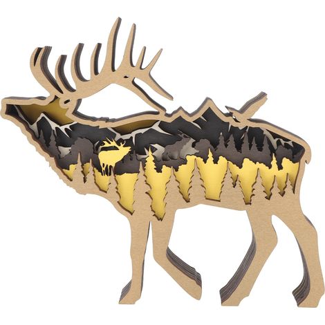 Ornement en bois sculpté 3D, buis, artisanat multicouche, animal creux, décoration de bureau pour Halloween et Pâques, orignal (1/5)