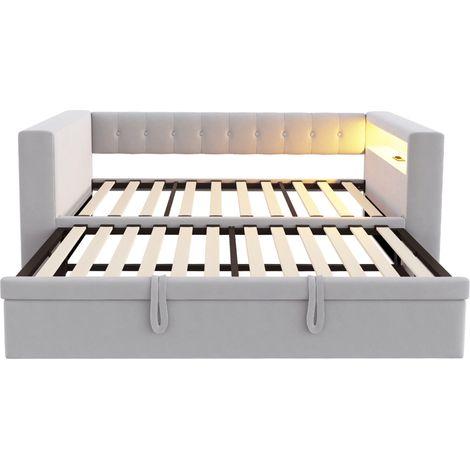 Multifunktionales Tagesbett 90/180 x 190 cm aus Flanell in Hellgrau mit LED, Steckdosen und Stauraum (1/5)