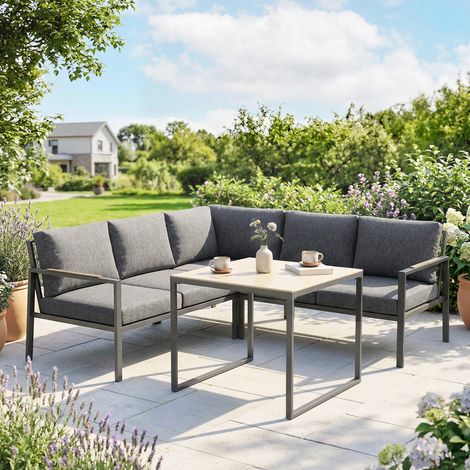 Salon de jardin Gris extérieur 3 pièces pour 5 personnes : 2 canapés avec coussins épais 1 table basse foncé 183x183x72 cm