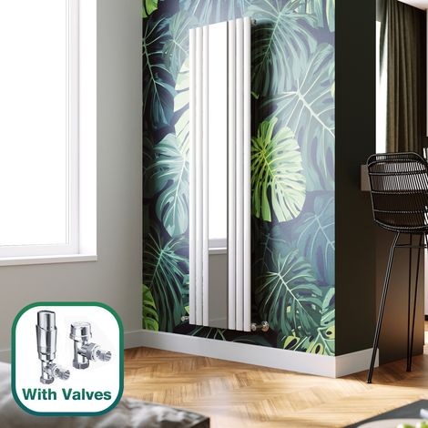 ELEGANT 1800 x 500 mm Mirror Vertical Column Radiator White Oval Single Panel Designer Heater + Chrome Thermostatic Radiator Valves (1/5)