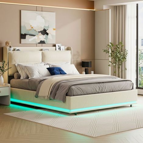 Cama lit 140x190 - LED RGB y puertos USB - Estructura de cama con somier de lamas de madera - Terciopelo blanco roto - 2 plazas