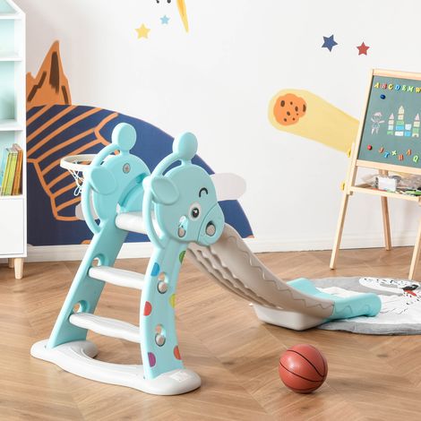 HOMCOM Scivolo pieghevole 2 in 1 per bambini dai 18 mesi in su con canestro da basket, modello giraffa, gioco per interni ed esterni, 140x87x85,5 cm, blu e grigio (1/5)