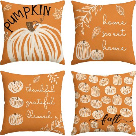 Fundas de cojín color naranja calabaza, colección otoño, 45 x 45 cm (juego de 4). Decoración otoñal con estampado floral, ideal para sofá o sillón. (1/4)