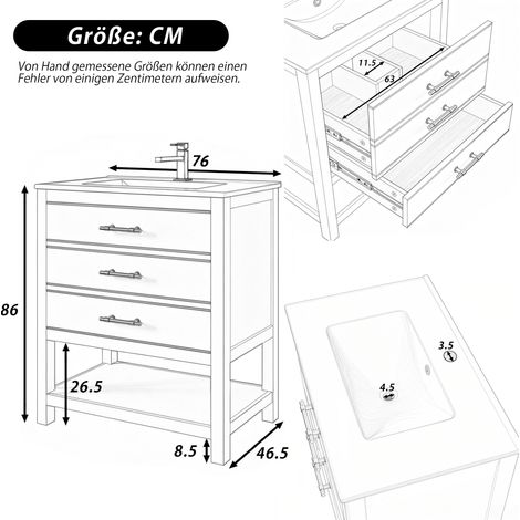 Weißer Badezimmer Waschtisch Unterschrank mit Keramikbecken – Freistehende Badmöbel mit 2 Schubladen & offenem Fach, hochwertige MDF-Platte mit Lackierung, goldene Griffe, ohne Armatur und Ablauf (1/5)