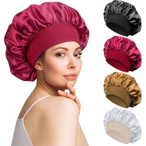 Satin-Hauben – 2-teilig – Weicher Stoff – Nachtschutz – Damen & Mädchen – Schwarz & Rosa (1/5)