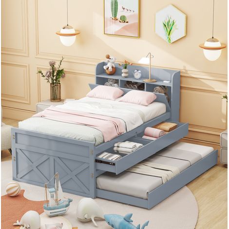 MEUBLIV Lit 90x190 cm gris – lit gigogne avec tiroirs et USB, sans matelas (1/5)