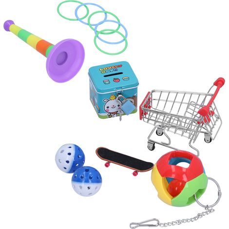 Ensemble de 7 jouets puzzle pour perroquets : mini-cartouche, anneaux d'entraînement, skateboard, clochette et balle pour oiseaux (1/5)