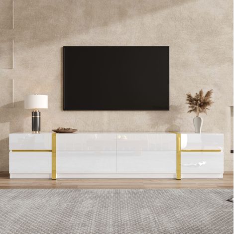 Mobile TV in MDF e pannello truciolare bianco lucido con dettagli dorati, 180x40x38 cm, 4 cassetti e 2 ante (1/5)