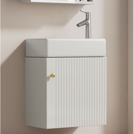 Meuble lave-mains suspendu MDF blanc avec vasque en céramique et porte à fermeture douce (1/5)