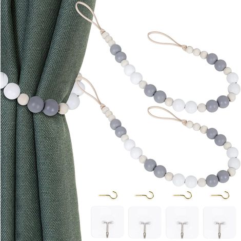 2 Pièces Bohème Embrases pour Rideaux,Attaches Rideaux,Embrasses à Rideaux - pour Mur,Ferme,fenêtre,Chambre à Coucher,Salle à Manger(Blanc, Gris, Bois) (1/5)
