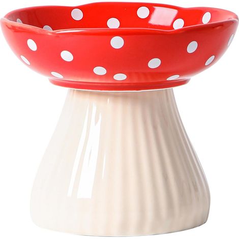 Raised Ceramic Cat Bowls with Red Mushroom Design (1/5)