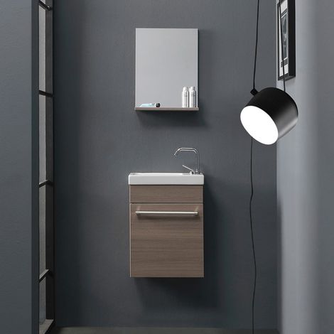 Kiamami Valentina – Meuble suspendu salle de bains 41,5x21,6x51,6 cm – Lavabo céramique 42 cm – Miroir avec tablette – Finition chêne fumé (1/5)