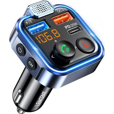 Émetteur FM Bluetooth 5.3 pour voiture, émetteur radio, chargeur rapide PD 20 W Type C + QC3.0, appels mains libres, lecteur MP3 avec prise en charge des basses et clé USB. (1/5)