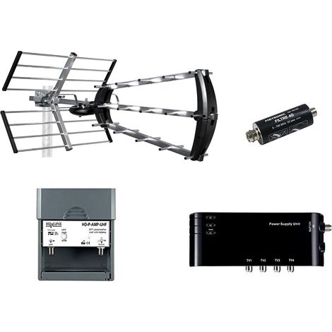 Kit Antenne d'Extérieure Trinappe 26dB UHF Metronic 415044 + Filtre 4G intégré + Préamplificateur 4/1 TV Amplificateur + Alimentation 4 Sorties TV pour Antenne terrestre TNT Noir