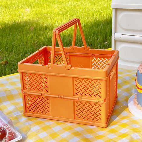 Panier de courses pliable et empilable en plastique orange avec poignées pour rangement extérieur et maison (1/5)