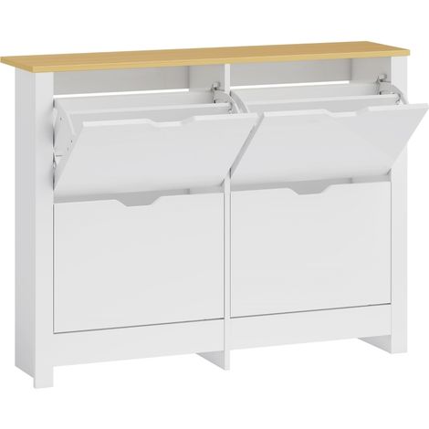 Zapatero estrecho con 4 abatibles para 8-16 pares, 105 x 26 x 80 cm, blanco y natural (1/4)