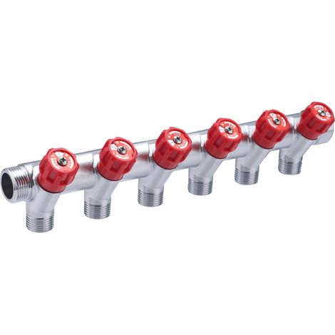 Noyon & Thiebault – Collecteur 6 départs mâles 1/2 (15x21) – Robinets rouges MF20x27 – Corps monobloc pour minimiser les fuites – Compatible PER et multicouche - M15x21