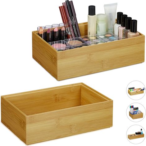 2 Cajas de almacenaje de bambú, Apilables, Diseño natural, 7 x 23 x 15 cm, Marrón