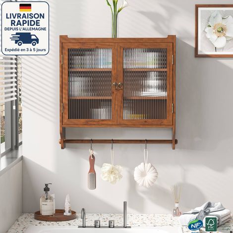 Mueble de baño de pared 60x18x60cm - Con tres compartimentos y toallero - Estilo retro - Marrón (1/5)