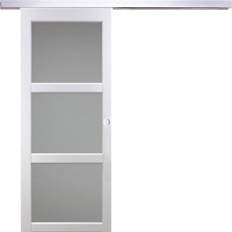 Porte Coulissante Kenya Blanc Vitrée H204 X L73 Cm, Rail Alu, Coquilles Blanc Gd Menuiseries