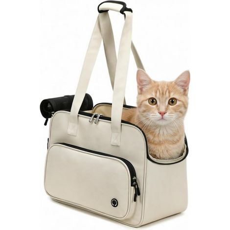 Sac de transport léger pour petits chiens et chats, confortable et idéal pour les voyages, les promenades et les excursions en plein air. Couleur blanc crème. (1/5)