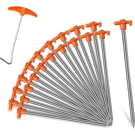 20 - Piquet De Tente - Piquet De Sol - Acier Galvanisé Antirouille Pour Camping Et Extérieur Sur Terrain Dur Ou Rocheux Orange 18x2cm (1/5)