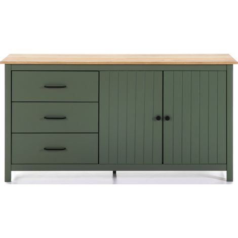 Buffet en pin massif décor ciré chêne et vert, meuble de rangement - Longueur 150 x Profondeur 40 x Hauteur 80 cm -PEGANE- (1/5)