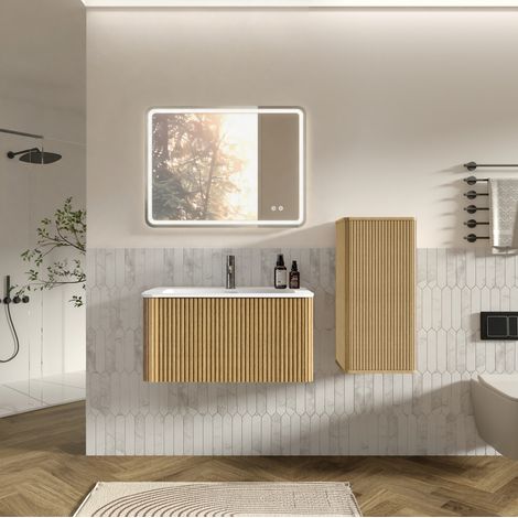 REDOM conjunto de muebles de baño, espejo LED antivaho, lavabo con mueble y armario lateral, MDF vidrio roble (1/5)