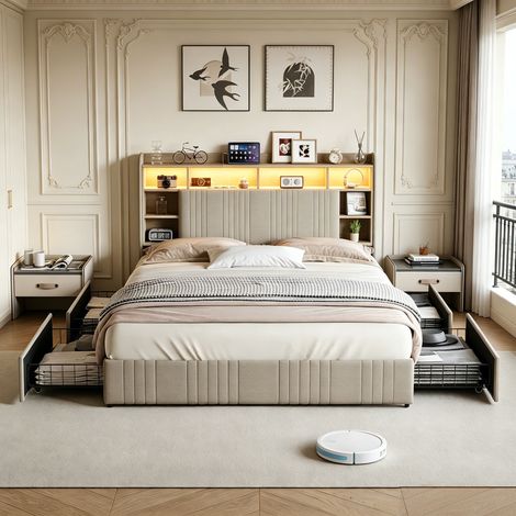 Lit Adulte 140x200 cm avec 4 tiroirs, tête de lit avec rangement, éclairage LED RGB, port USB et tissu lin (1/5)