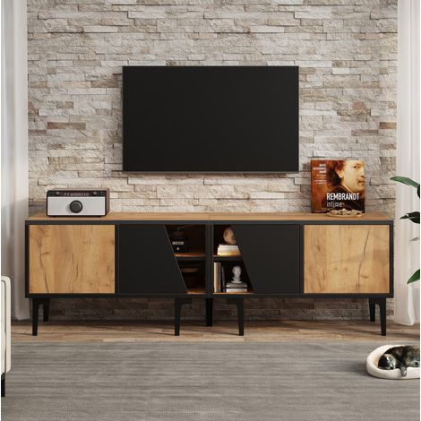 Mobile TV in legno naturale e nero con 4 vani portaoggetti, 2 ante smussate e 7 gambe (1/5)