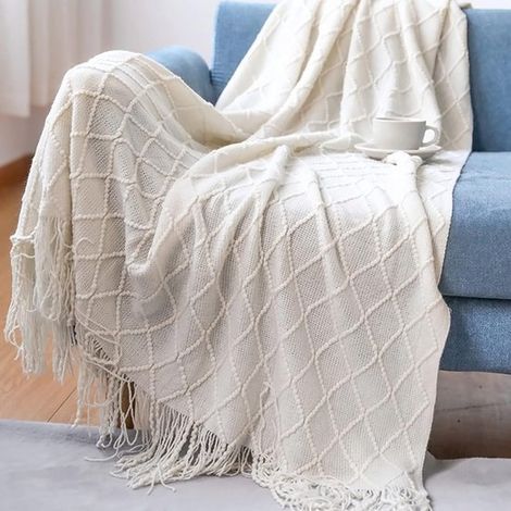 Plaid crocheté à franges uni Chaleur scandinave Housse de couette douce pour canapé et lit 130 x 230 cm (1/5)