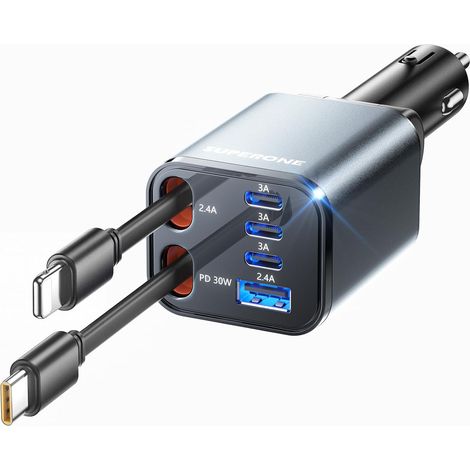 Retractable Car Charger, [Ultra-Compact] 6-Port Car Charger USB C, Phone Car Chargers Fast Charging with USB C & Apple Cable, Car Accessories Phone Chargers for 17/16/15/14/13/12 Series (1/5)