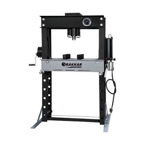 Drakkar Equipement – Presse hydraulique manuelle et pneumatique 45 tonnes – Piston avec retour automatique – Table ajustable pour travaux de pressage (1/3)