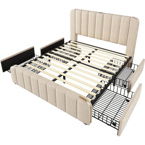 Cama doble tapizada 140x200 cm, cabecero con USB-C, 4 cajones, lino beige HOMVRA (1/5)