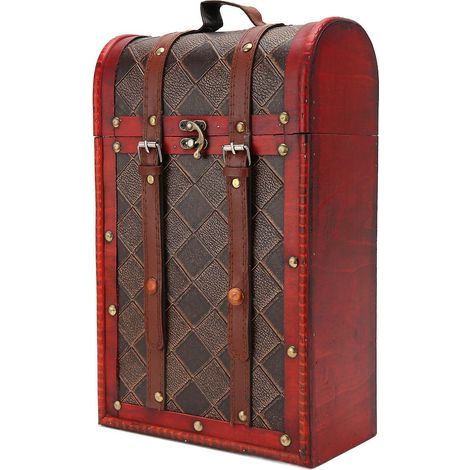 Vintage-Weinkiste für 2 Flaschen, aus kariertem Kunstleder, im Retro-Stil, mit Holzverzierungen, ideal als Geschenk.