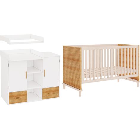 Wickeltisch & Gitterbett Set, Babyzimmermöbel, Kinderzimmermöbel, Baby-Wickeltisch (114 x 53 x 92 cm), Wickelablage, abnehmbares Wickelgeländer, Babybett (70 x 140 x 87 cm), naturholzfarben (1/5)