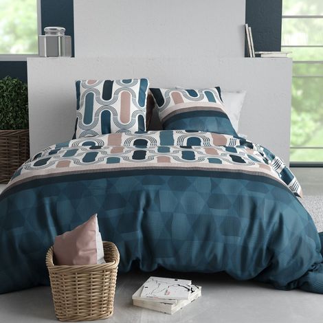 Parure housse de couette 260x240cm + 2 taies motif pop rétro bleu et rose 100% coton - LEANA (1/4)