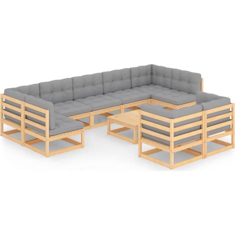 Set Salotto Giardino 10pz Cuscini Antracite Legno Massello Pino vidaXL (1/5)