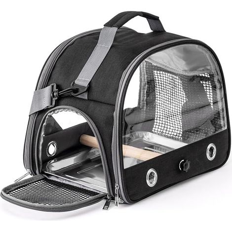 Cage de transport pour perroquets - Pliable, imperméable - Avec perchoir et plateau acier - Pour oiseaux et petits animaux - Voyage et véto-Noir (1/5)
