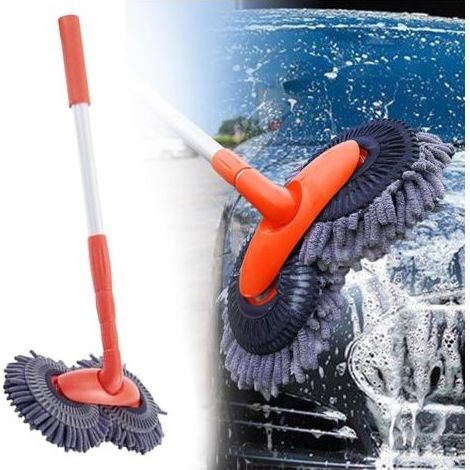 Balai de voiture rotatif à double tête télescopique avec microfibre, nettoyant pour pare-brise, accessoires de caravane pour le lavage et le nettoyage de voiture (1 pièce) (1/5)
