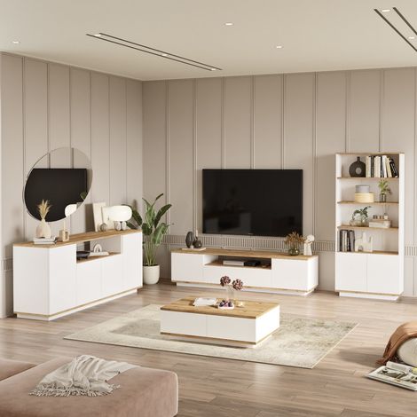 Conjunto de Muebles de Salón Stienta, Modular, 11 Estantes, 11 Puertas, Roble Marrón Nudos (1/5)