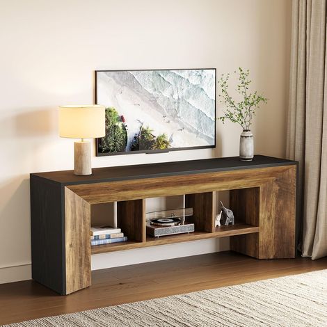 Tribesigns Support TV pour téléviseur jusqu'à 70 pouces, meuble de salon de 63 pouces de long, grand meuilier télévision de style industriel avec 3 cubes de rangement, brun rustique et noir (1/5)