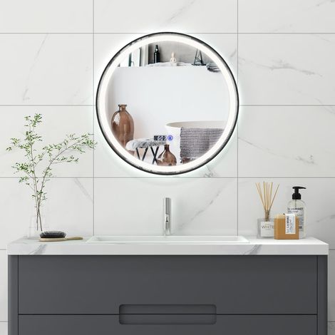 GOPLUS Miroir LED Mural de Salle de Bain, Éclairage LED 3 Couleurs, Fonction Mémoire&Antibuée, Lecture Heure&Température, Rond-Noir (1/3)